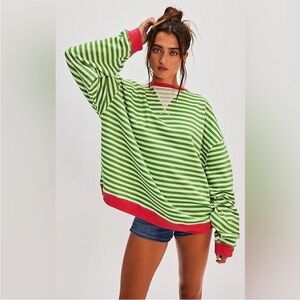 NWOT Free People Classic Striped Oversized Crewneck in Pink Clover Combo $98MSRP